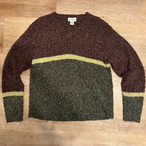 Vtg 90s St. John’s Bay Fuzzy Colorblock Sweater V-Neck Goblincore Earthy M